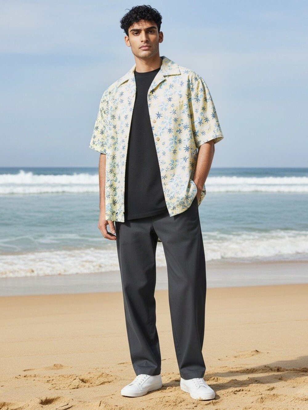 Go Barefoot Men's M Camp Shirt Hawaiian Aloha Floral Reverse Print Pocket Cotton